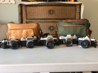Vintage 5 Cameras Nikon Fa Canon Ex Auto Olympus Om1 Zeiss Ikon Pentax Me
