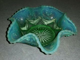 Vintage Fenton Art Glass Vaseline Opalescent Green Dish Ruffled Edges Small Bowl