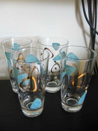 Set Of 4 Vintage Turquoise Amoeba Boomerang Medium Tumbler Glass