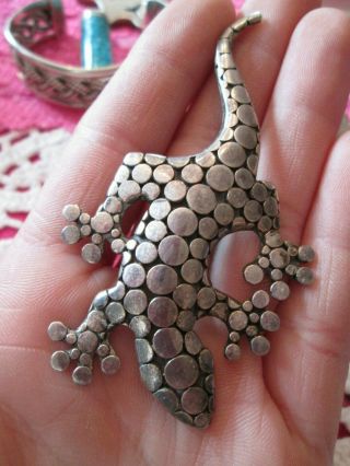 Vintage Large Sterling Silver Pebbled Gecko Lizard Brooch Pin As A Pendant