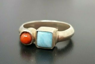 Vintage Sterling Silver Red Coral Turquoise Band Ring Size 6