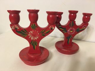 2 - 4 1/2 " Vintage Swedish Christmas Red Wood Candle Holder W/ Flowers
