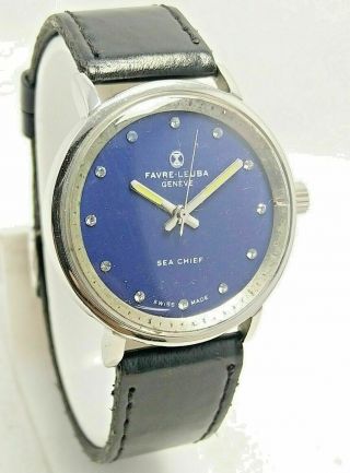 Vintage Favre Leuba Blue Hand Winding 17j Wrist Watch Men 