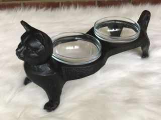 Vintage Cast Iron Black Cat Double Dish Cat Food Feeder Stand