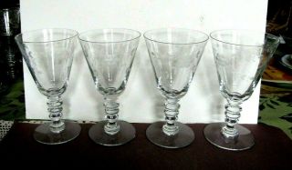 Set Of 4 Etched Vintage Wine Glasses/water Goblets 8 Ounce