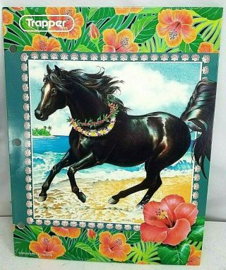 Vintage Mead Trapper Portfolio Folder 1996 Horse On Beach W/hawaiian Flowers