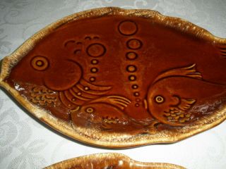 Vintage Two Hull Brown Drip Pottery Usa Oven Proof Fish Shape 11 " Dish Platter
