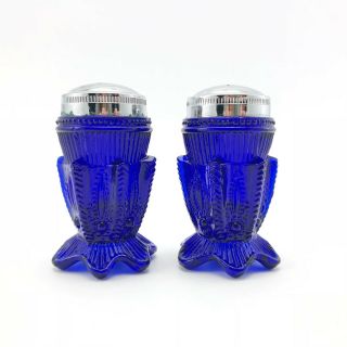 Vintage Cobalt Blue Molded Glass Salt & Pepper Shaker Set 3