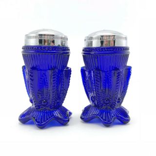 Vintage Cobalt Blue Molded Glass Salt & Pepper Shaker Set 6