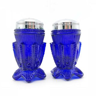 Vintage Cobalt Blue Molded Glass Salt & Pepper Shaker Set 8