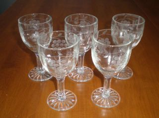 5 Vintage Grape Etched Sherry,  Cordial,  Cocktail Glasses