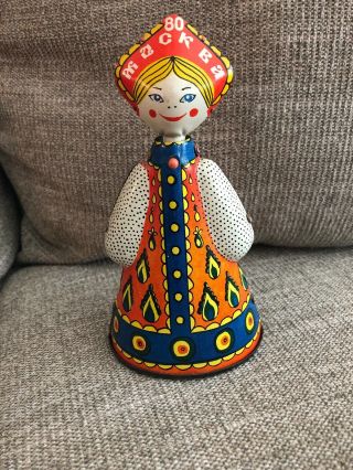 Vintage Moscow Russian Wind Up Clockwork Tin Girl Doll Olympics