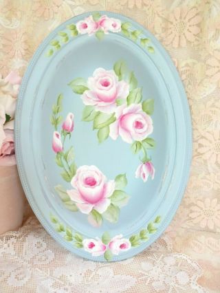 Bydas Country Blue W Pink Roses Tray Hp Hand Painted Chic Shabby Vintage Cottage