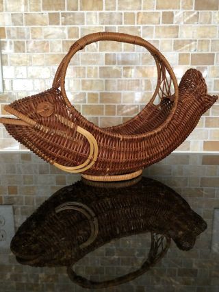 Vintage Fish Shape Wicker Rattan Woven Basket W Handle Nautical Euc