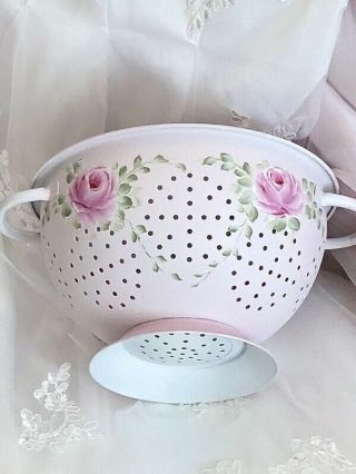 Metal Vintage Kitchen Colander Shabby Cottage Chic Pink Hp Roses Hand Painted