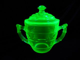 Vaseline Glass Sugar Bowl With Cover Vintage Green Art Deco Design