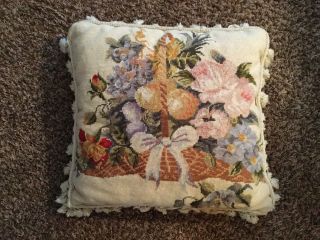 Vintage Large Needlepoint Pillow Décor - Basket Flowers Fruit Fringe 18” X 18”
