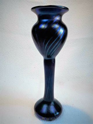Vtg Orient & Flume Iridescent Blue Feather Stretch Vase Signed Numbered Howell