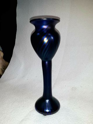 VTG ORIENT & FLUME Iridescent Blue Feather Stretch Vase Signed Numbered HOWELL 2