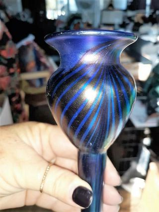 VTG ORIENT & FLUME Iridescent Blue Feather Stretch Vase Signed Numbered HOWELL 4