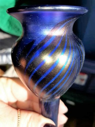 VTG ORIENT & FLUME Iridescent Blue Feather Stretch Vase Signed Numbered HOWELL 5