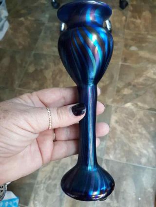 VTG ORIENT & FLUME Iridescent Blue Feather Stretch Vase Signed Numbered HOWELL 8