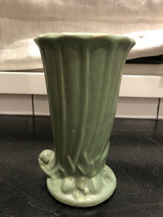 Cornucopia Vase Vintage Nelson Mccoy Art Pottery Green Leaf & Berries