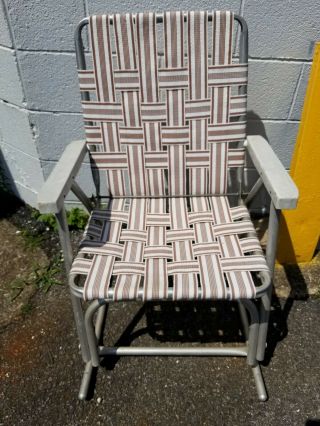 Vintage Folding Aluminum Chair Webbed Patio Rocking Chair White & Brown