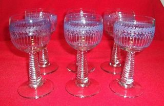 Vintage 5 - 1/2 " Tall Crystal Etched Hock Wine Glass With Spiral Stem.  Set Of 6