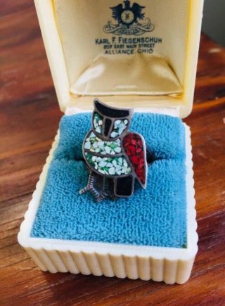 Vintage Native American Turquoise Ring Sterling Silver Coral Onyx Inlaid Size 7