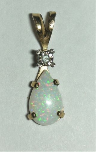 Vintage Gf Prong Set White Fire Opal & Diamond Chip Tear Drop Pendant Sgnd
