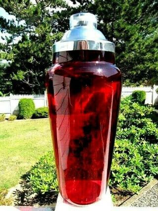 Classic Vintage Deco Ruby Red Glass Cocktail Shaker W/ Chrome Top