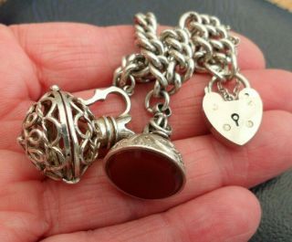 Vintage Jewellery Sterling Silver Victorian Fob Charm Heart Padlock Bracelet