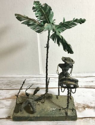 Signed Vintage Scrap Metal Folk Art Sculpture Bahamas Steel Drum Limbo Palm Tree