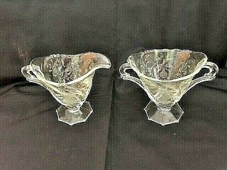 Vintage Clear Glass Creamer And Sugar Bowl With Etched Floral Design
