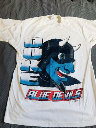 Vintage Duke Blue Devils Basketball T Shirt 1980s 1990s Large Print Cartoon Face