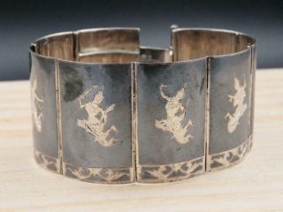 Vintage Siam Sterling Silver Niello Mekkala Goddess 1 3/8 " Wide Panel Bracelet