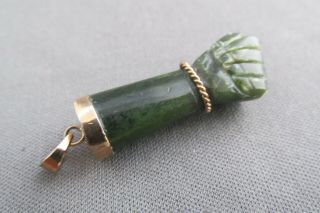 VINTAGE AFRICAN HAND CARVED GREEN 3D JADE FIGA FIST HAND PENDANT 3