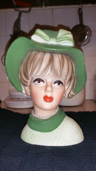 Vintage Ladies Head Vase Napco C7495 7.  5 " Headvase In Green