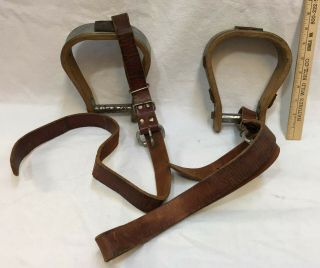 Saddle Stirrups Pair Wooden Metal Adjustable Leather Straps Horse Tack Vintage