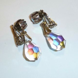 Vintage - Stunning Dangling Glass Aurora Borealis Clip - On Earrings