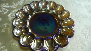 Vintage Indiana Deep Purple Blue Amber Carnival Glass Deviled Egg Plate 11 1/4 "