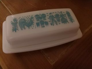 Vintage Pyrex Glass Butter Dish And Lid Butterprint Pattern Turquoise Blue White