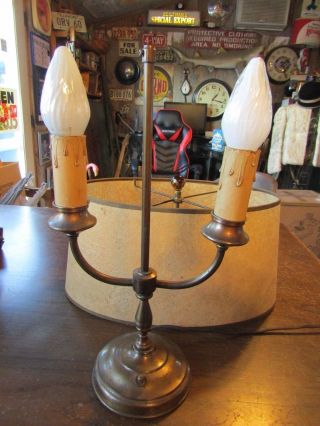 VTG Mid Century Candlestick Lamp Oval Fiberglass Shade & Amber Glass Finial 2