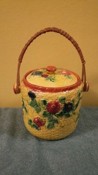 Vintage Ceramic Buscuit Or Cookie Jar With Wicker Handle.  Made In Japan