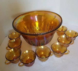 Vintage Indiana Iridescent Marigold Carnival Glass Punch Bowl Set Harvest Grape