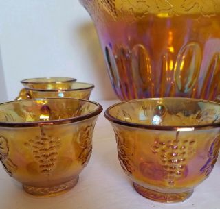 Vintage Indiana Iridescent Marigold Carnival Glass Punch Bowl Set Harvest Grape 2
