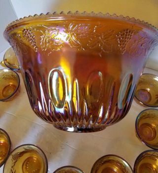 Vintage Indiana Iridescent Marigold Carnival Glass Punch Bowl Set Harvest Grape 5