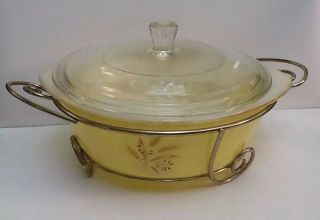 Vintage Glasbake Round Casserole Dish (j514) With Wire Frame Stand And Lid