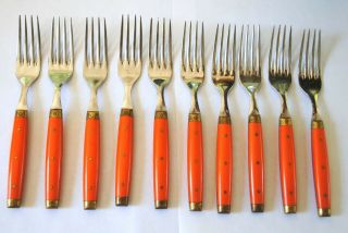 Vintage French Midcentury Bakelite,  Brass & Stainless 10 Piece Fork Set Orange